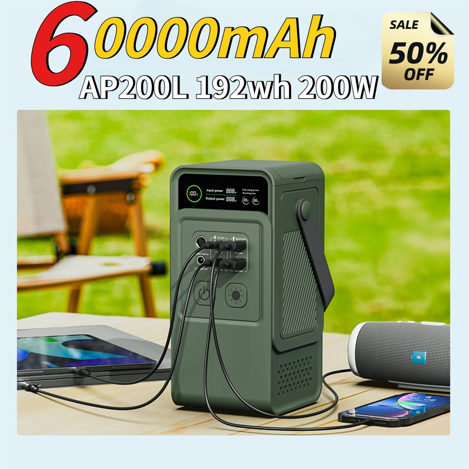 Solar Powered Charger - 60000mAh 200W 192Wh Camping Power Station